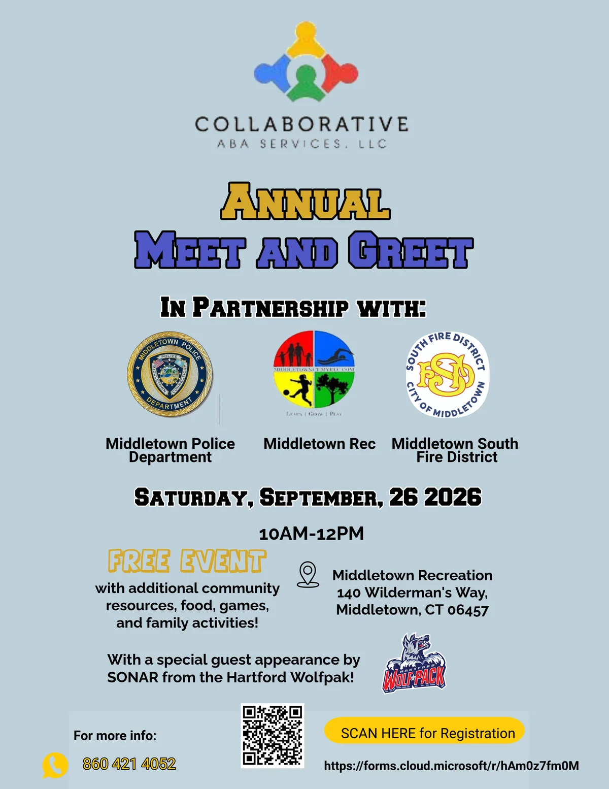 Flyer for the Collaborative ABA Services Annual Meet and Greet on Saturday, September 26, 2026 from 10AM to 12PM at Middletown Recreation, 140 Wilderman's Way, Middletown, CT — a free event in partnership with the Middletown Police Department, Middletown Rec, and the Middletown South Fire District, with community resources, food, games, family activities, and a special guest appearance by SONAR from the Hartford Wolfpak.